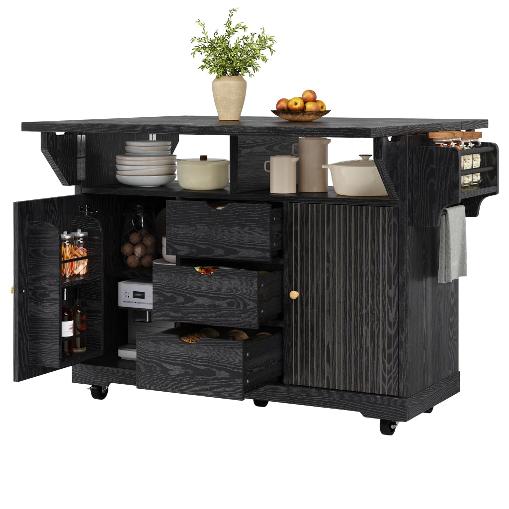 Carrello da cucina con 3 cassetti e ripiani regolabili; 2 allunghe pieghevoli; per cucina e sala da pranzo; in MDF e metallo; nero