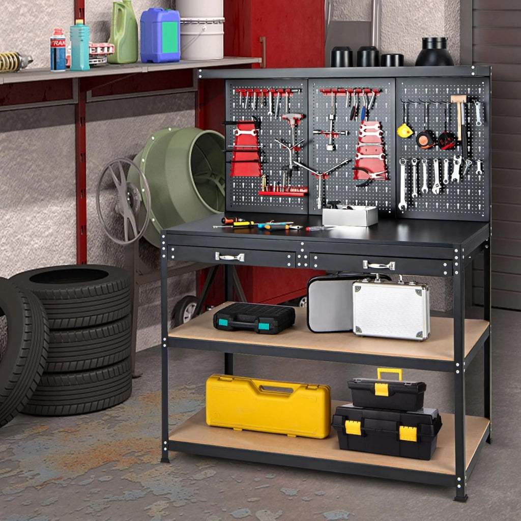 Banco da Lavoro, Organizer per Attrezzi in Metallo con 3 Pannelli Perforati con Kit di 25 Ganci, 2 Cassetti e 2 Ripiani, Banchi da Lavoro per Officina, Garage (Nero+Rosso, 121 X 61 X 156 CM)