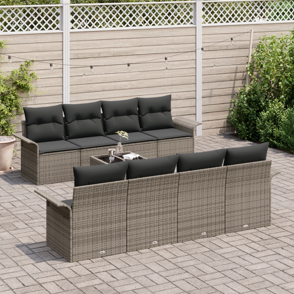 Set di Divano da Giardino 9 Pezzi con Cuscini Grigio in Rattan Sintetico