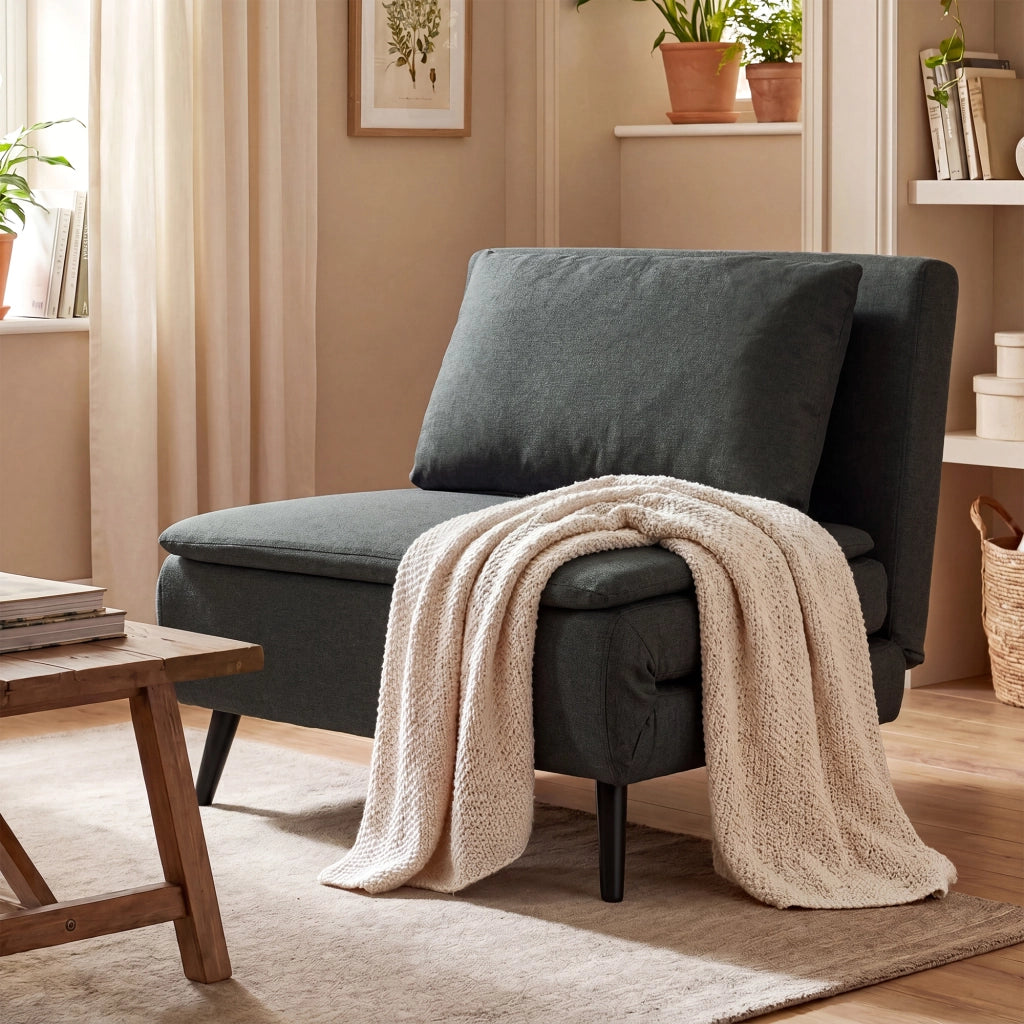 Poltrona letto reclinabile 3-in-1 ¨C Xylo ¨C tessuto lino grigio scuro con poggiapiedi e gambe metallo