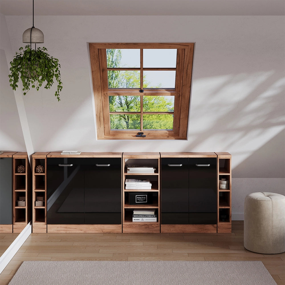 Set di mobili sottotetto Rion Nero lucido/Rovere dorato 210 cm Set di 5 carcasse armadio profondità 60 cm Vicco