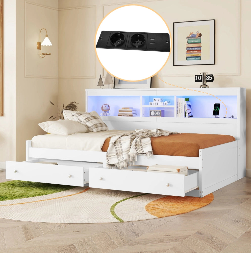 LETTO Daybed 90x200 cm con 2 cassetti, USB e LED Bianco