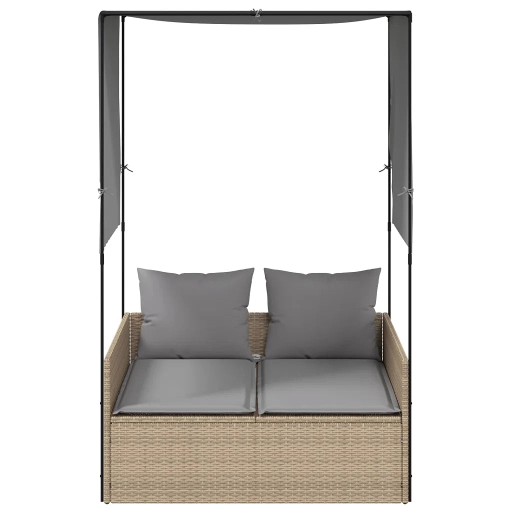 Lettino Prendisole con Tetto e Tende Beige in Polyrattan 4002758