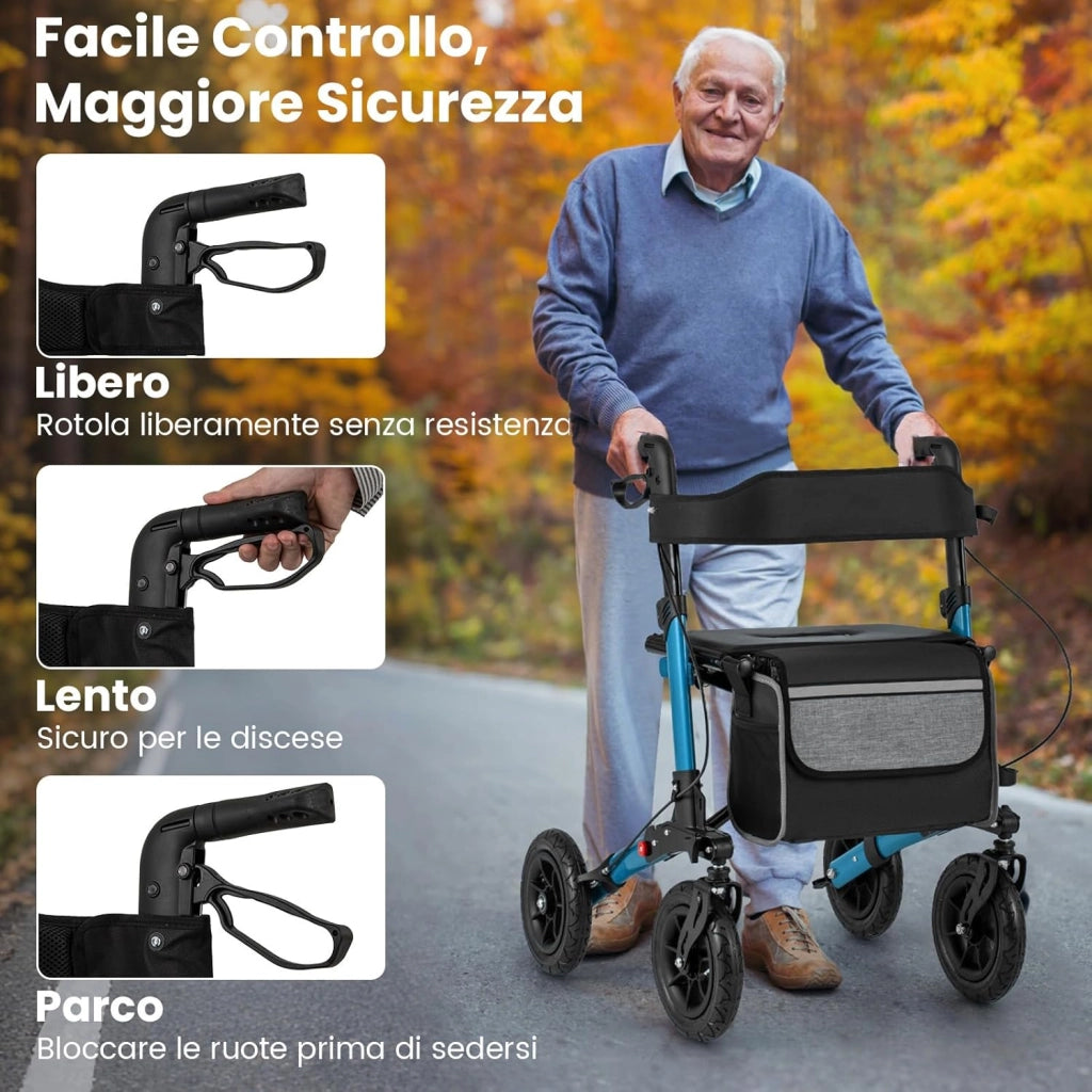 Deambulatore Pieghevole per Anziani in Alluminio, Rollator Regolabile in Altezza con Seduta, Schienale e Freni, Girello per Anziani con Borsetta, Carico Massimo 140 kg (Blu)