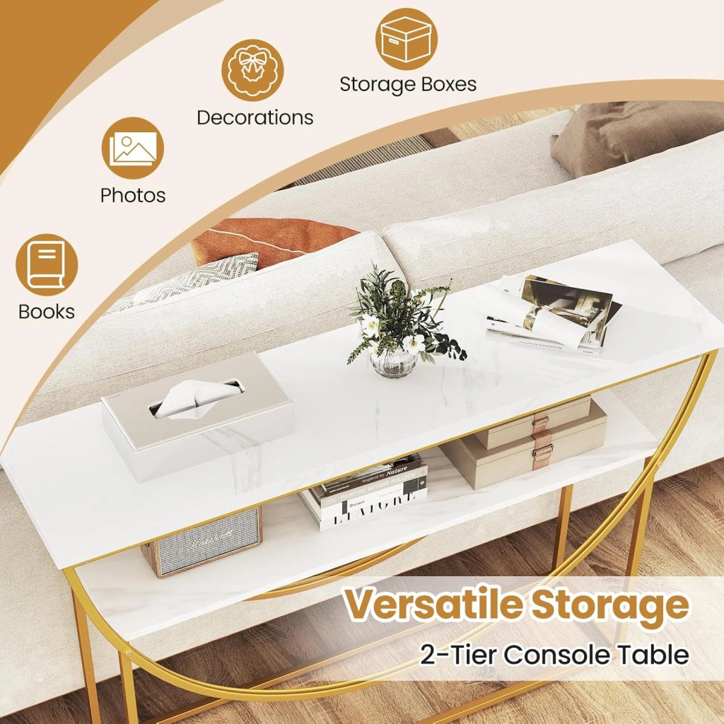 Tavolo consolle a 2 livelli, 120 x 30 x 80,5 cm, effetto marmo e telaio in metallo, tavolino ausiliario stretto per ingresso, corridoio e soggiorno