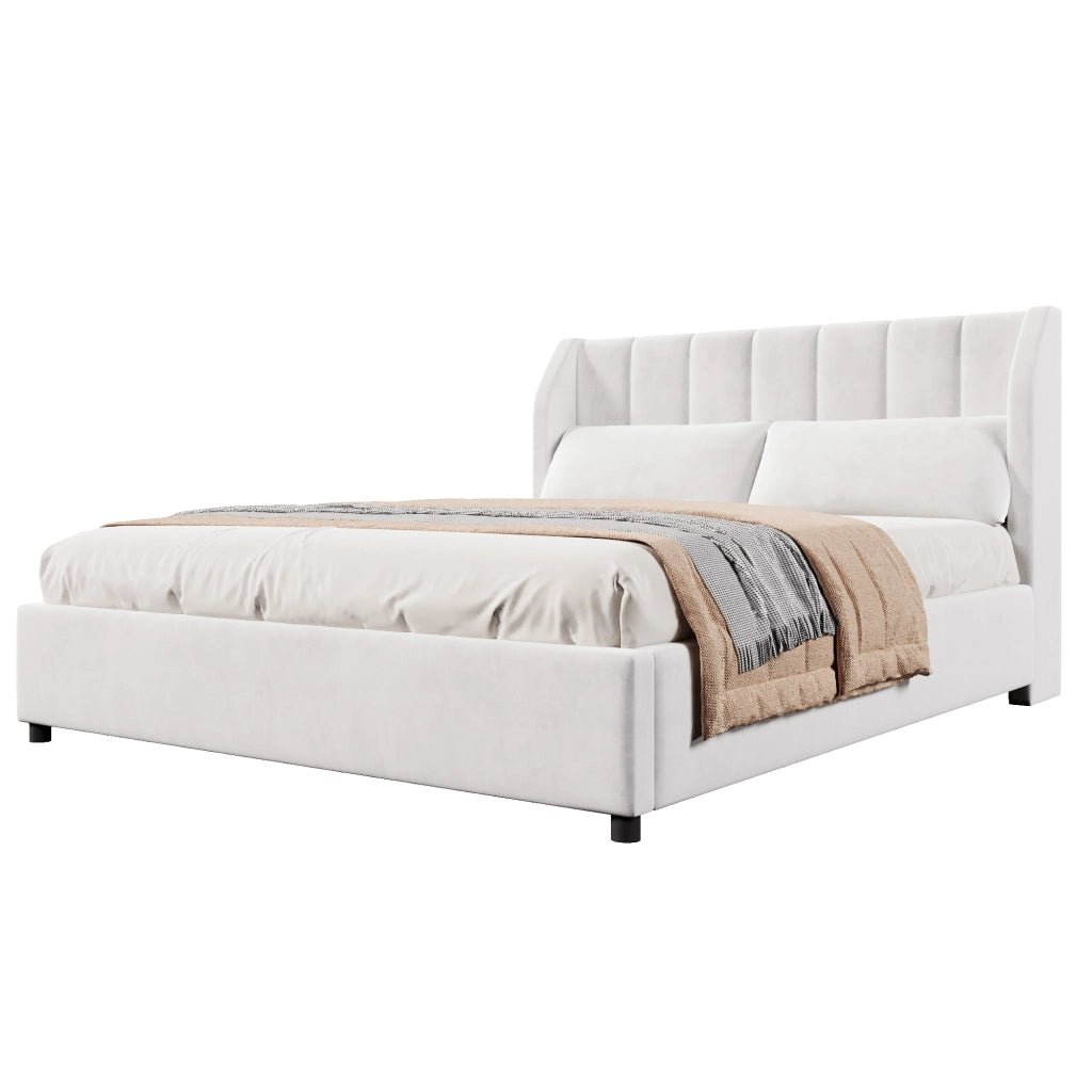 Letto Matrimoniale 140 x 200 cm con rete a doghe; testiera imbottita e 2 cuscini Beige