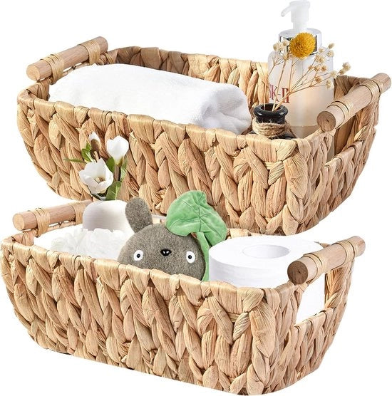 Scatola di conservazione a cassetti in legno per acquaiglie, cestini per organizzare con maniglia in legno, set di 2 scatole decorative per organizzare il piano di lavoro, scatola per il sapone per il bagno