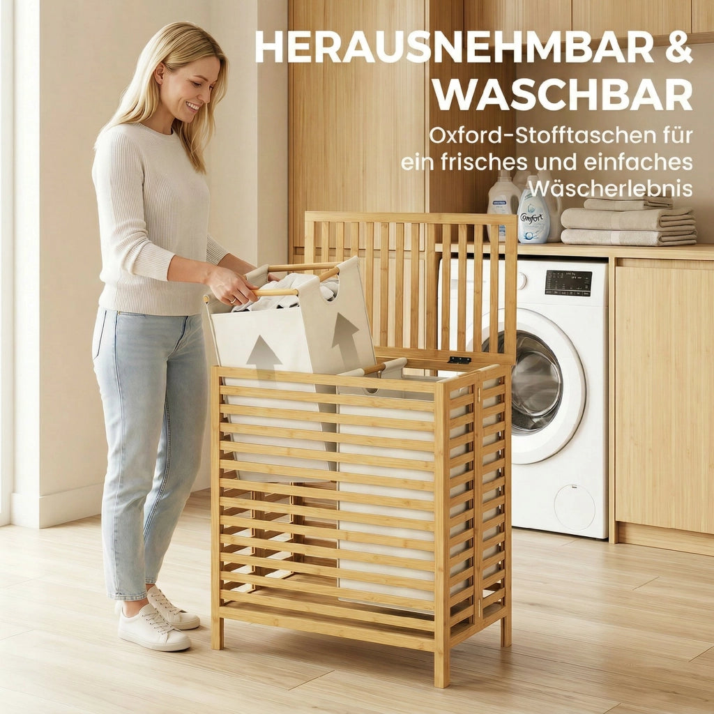 Cestino bucato in bamb¨´ con coperchio, 2 cestini, pieghevole, 64L ¨C zephmum ¨C Naturale e crema bianco