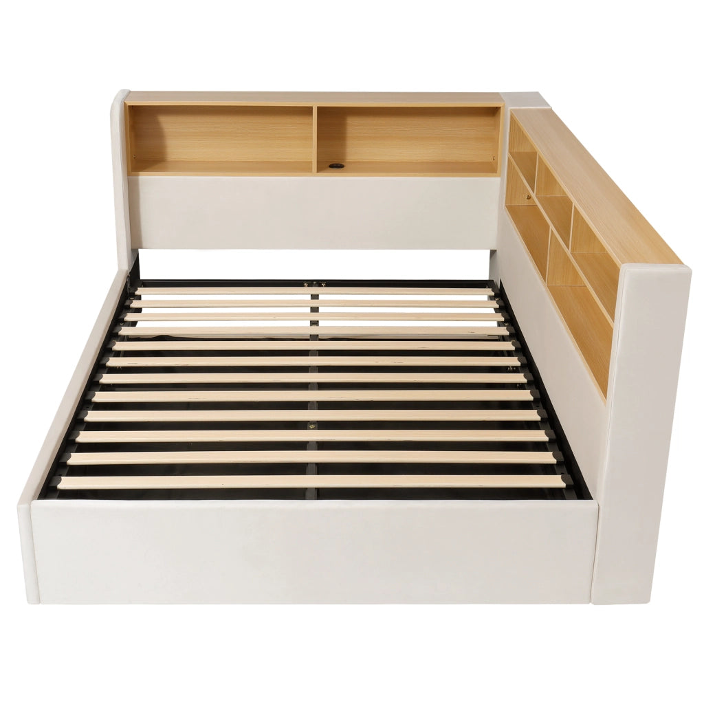 Letto con contenitore idraulico; LED e USB in velluto beige