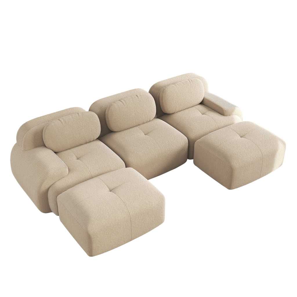 Divano angolare modulare senza montaggio in tessuto a coste beige; design senza struttura