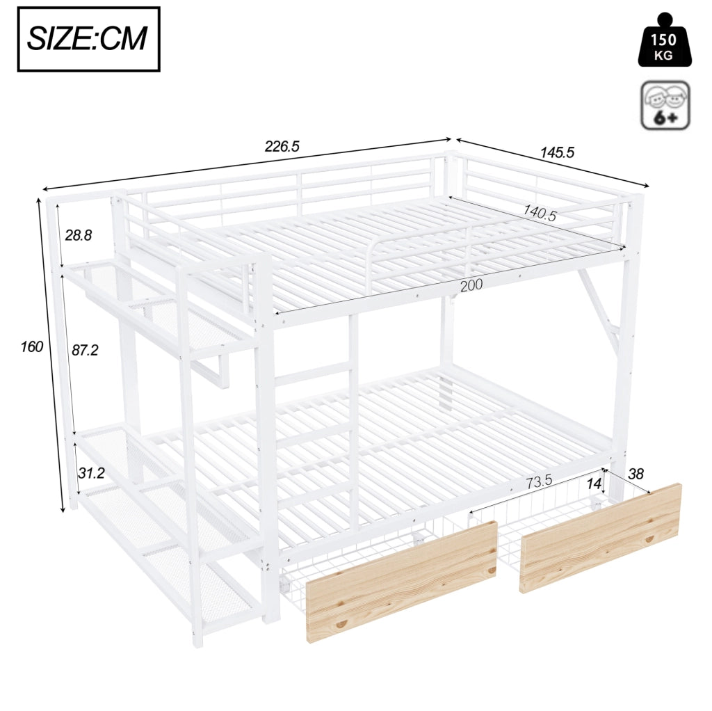 Letto a castello 140x200 cm in metallo e MDF bianco con LED; 2 cassetti e ripiani
