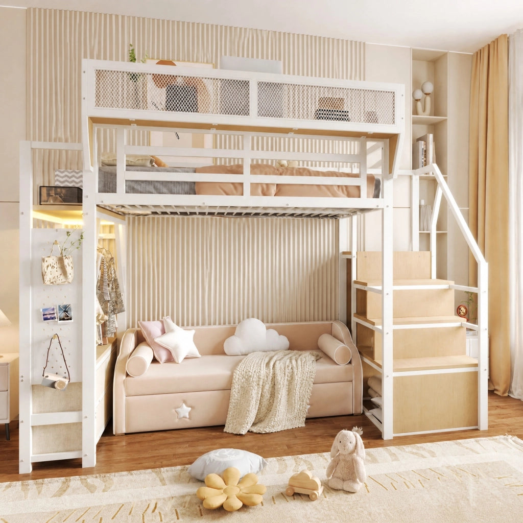 Letto a soppalco 140 × 200 cm con scaletta, ripiani, LED e cassetti in tessuto, senza materasso, bianco