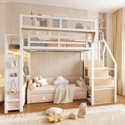Letto a soppalco 140 × 200 cm con scaletta, ripiani, LED e cassetti in tessuto, senza materasso, bianco