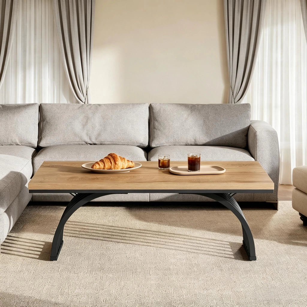 Tavolino basso con piano da 120 cm e struttura in metallo design aperto per soggiorno in metallo e legno nero marrone