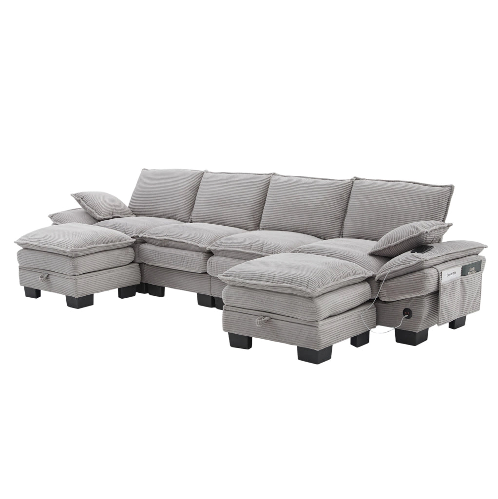 Divano modulare ULEVR 4 posti 330x132x84 cm con 2 pouf contenitore, USB-C e tasche laterali, grigio chiaro