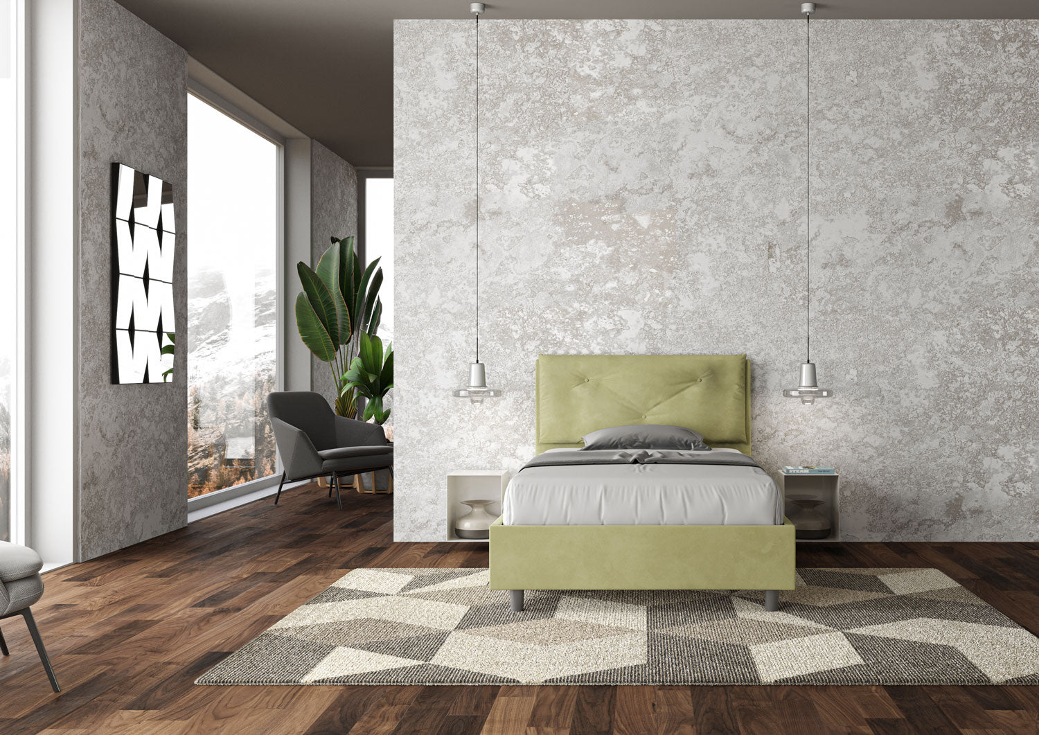 Letto 1 Piazza E Mezzo 120x200 cm Senza Rete Imbottito in Microfibra Appia Large Tè Verde