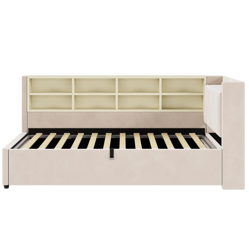 Letto imbottito 90x200 cm con contenitore idraulico e porte USB e Type-C in velluto
