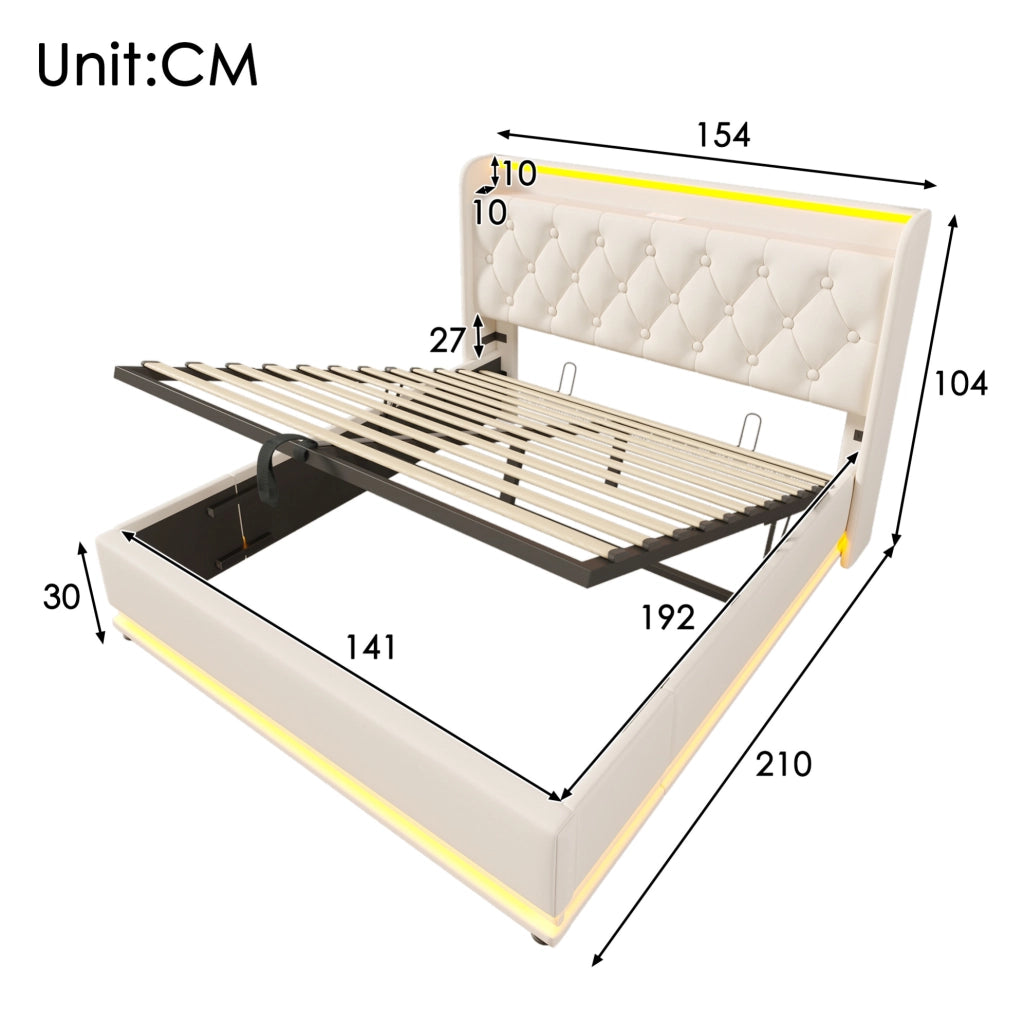 Letto matrimoniale imbottito 140x190 cm in PU bianco con LED; contenitore idraulico e USB Tipo-C