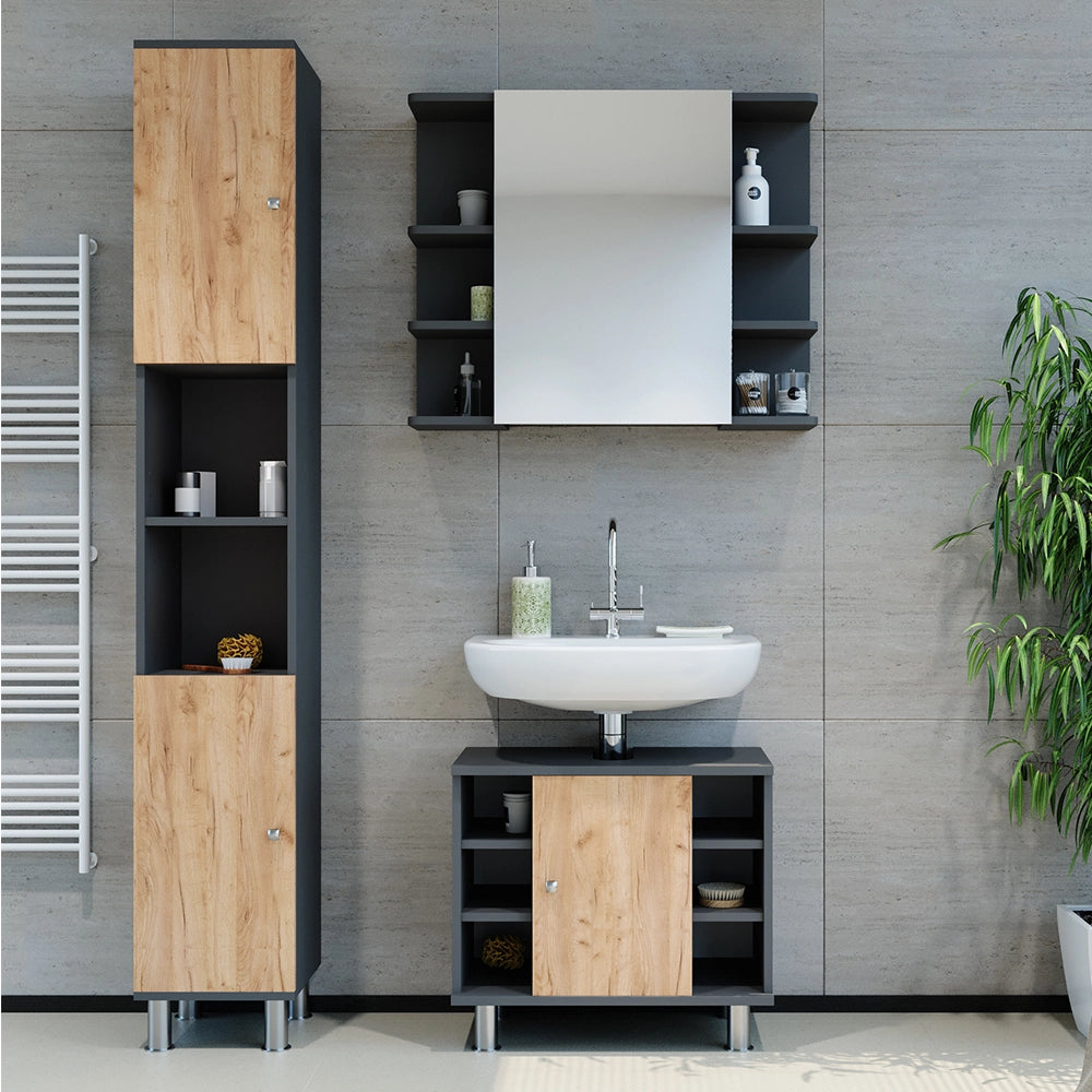 Vicco Set di mobili da bagno Antracite/quercia dorata 3 parti con colonna