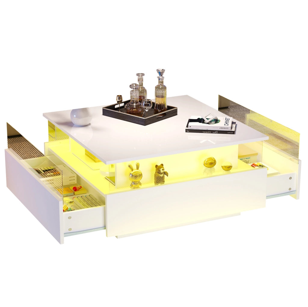 Tavolino da salotto moderno bianco 70x70x41 cm con LED; 2 cassetti e vano trasparente