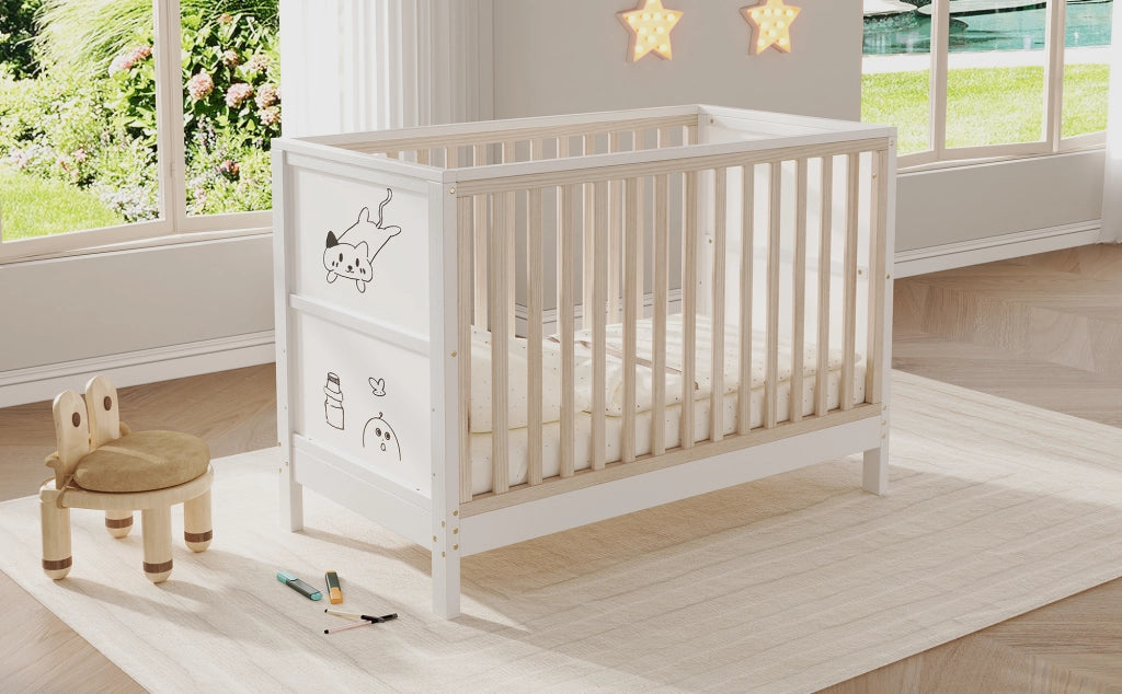 Lettino per bebè convertibile 3 in 1 con lavagne dipingibili, altezza regolabile, 120x60 cm, legno massello
