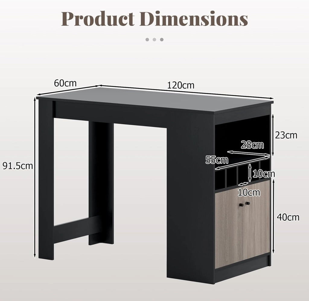 Bancone da cucina con spazio di archiviazione, tavolo da pranzo con portabottiglie e ripiani aperti e porta, bancone da bar, piano alto, tavolo da bar in piedi, in legno, 120 x 60 x 91,5 cm