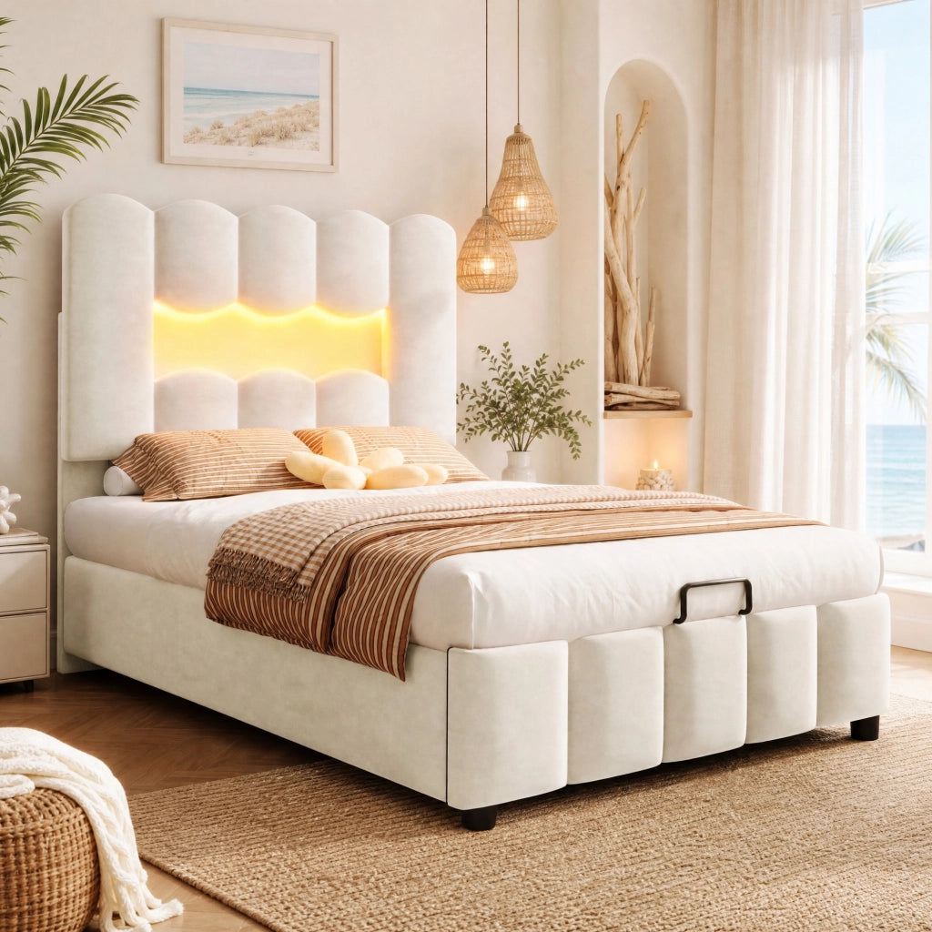 LETTO Contenitore 90x200 cm in velluto beige con LED e testiera regolabile