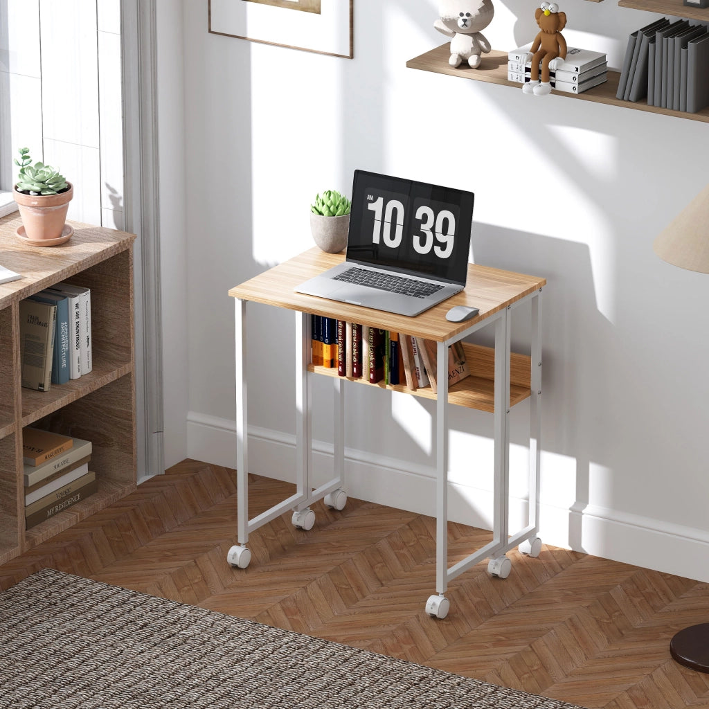 Scrivania Pieghevole con Ripiano e Ruote ¨C Zephmum ¨C Legno Naturale 63x50 cm