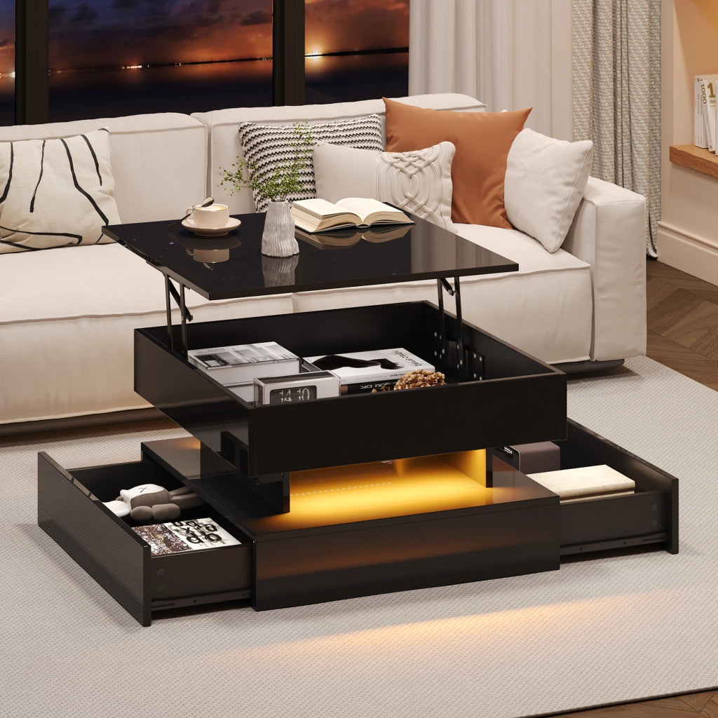 Tavolino da Salotto Alzabile Quadrato con 2 Cassetti e LED; Finitura Lucida; Vano Contenitore Nascosto; in Pannelli di Particelle; 65×65×38;5 cm; Nero