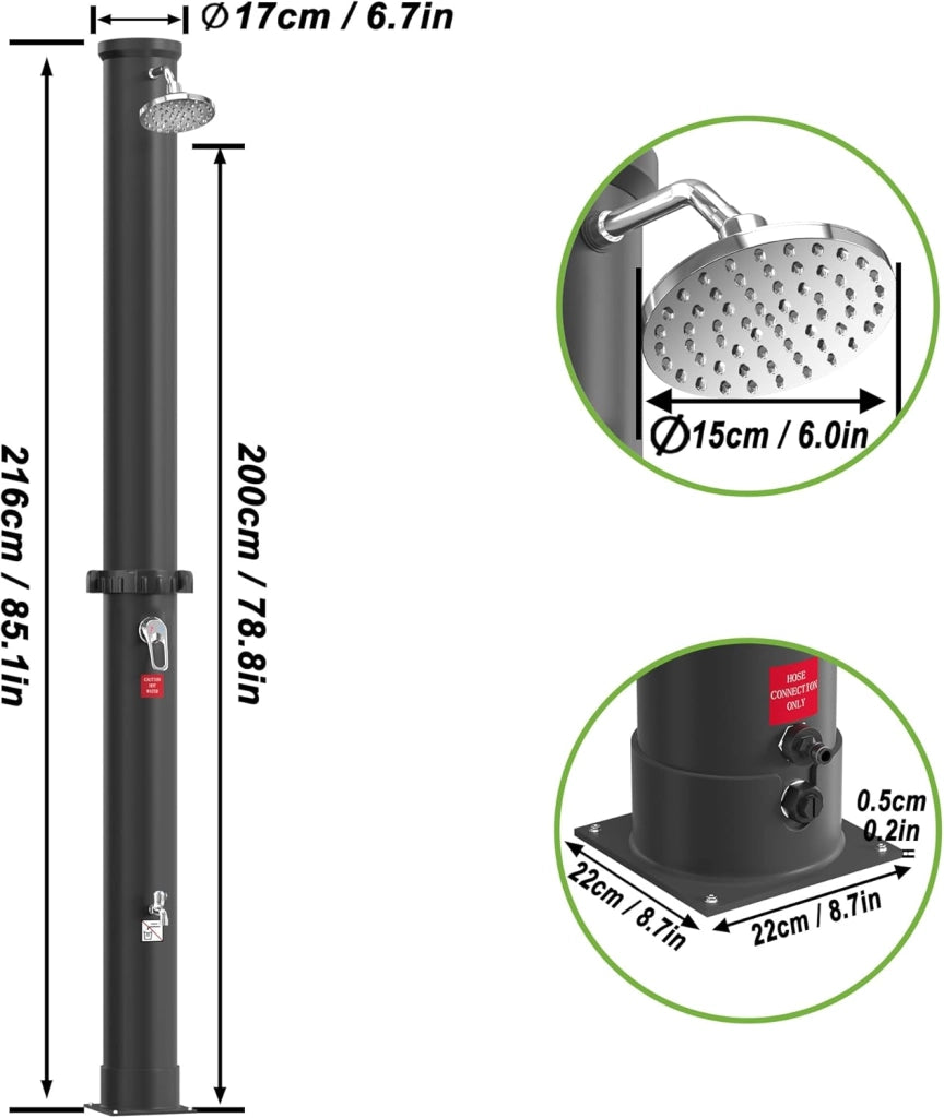 Doccia solare da giardino, 40 l, con cappa protettiva, per esterni, con rubinetto, soffione a pioggia, per giardino, piscina, campeggio, fino a 60 °C, colore nero