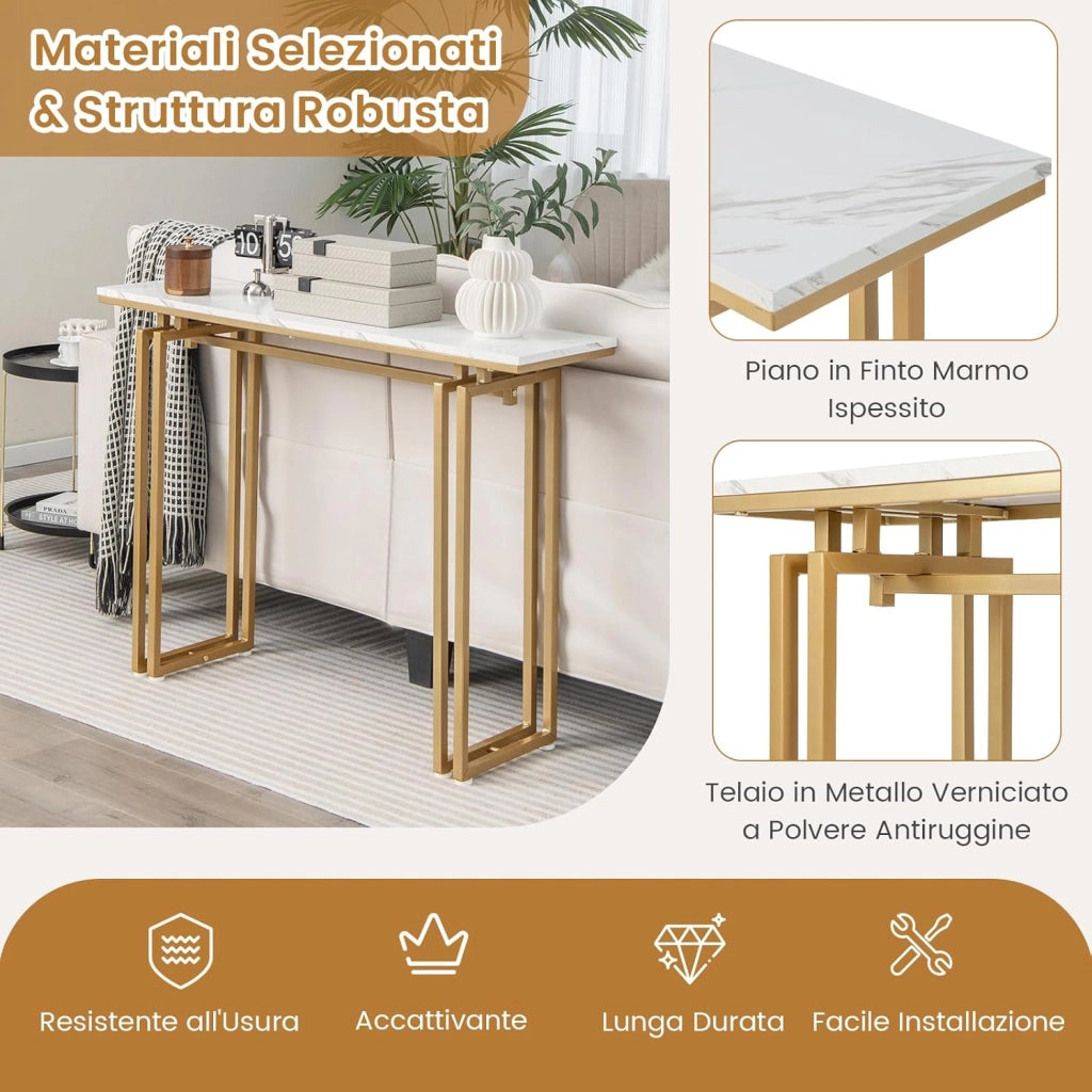Tavolo Consolle 110cm, Tavolo da Ingresso con Piano in Finto Marmo, Struttura in Metallo e Poggiapiedi Regolabili, Tavolino da Divano Moderno per Salotto, Corridoio e Ingresso (Oro)