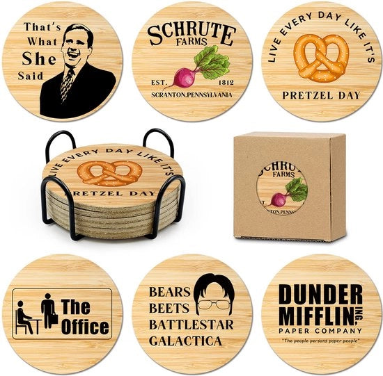 Set di 6 piedini per bicchieri con supporto per The Office, decorazione per la cucina con tema della serie TV The Office Funny Set, con supporto per piedini, decorazione per la cucina Dunder Mifflin, piedini con tema Michael Scott