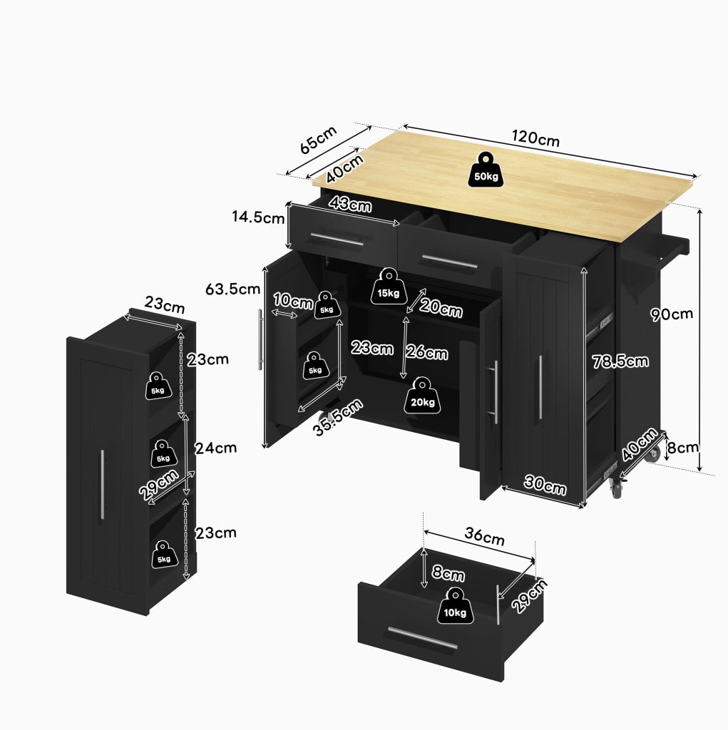 Isola da cucina mobile con piano pieghevole; organizer estraibile a 3 livelli; MDF; nero e naturale