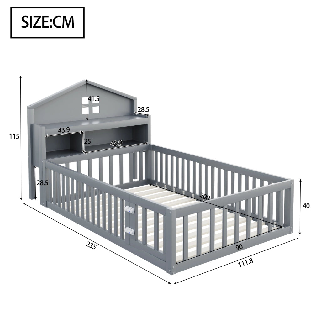 Letto a forma di casa grigio in legno massello con funzione contenitore e rete a doghe 90x200 cm