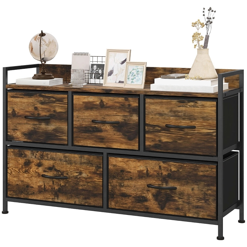 Cassettiera con 5 cassetti in tessuto e ripiano superiore, struttura in acciaio, per camera da letto e soggiorno, marrone, 98 × 29 × 63 cm