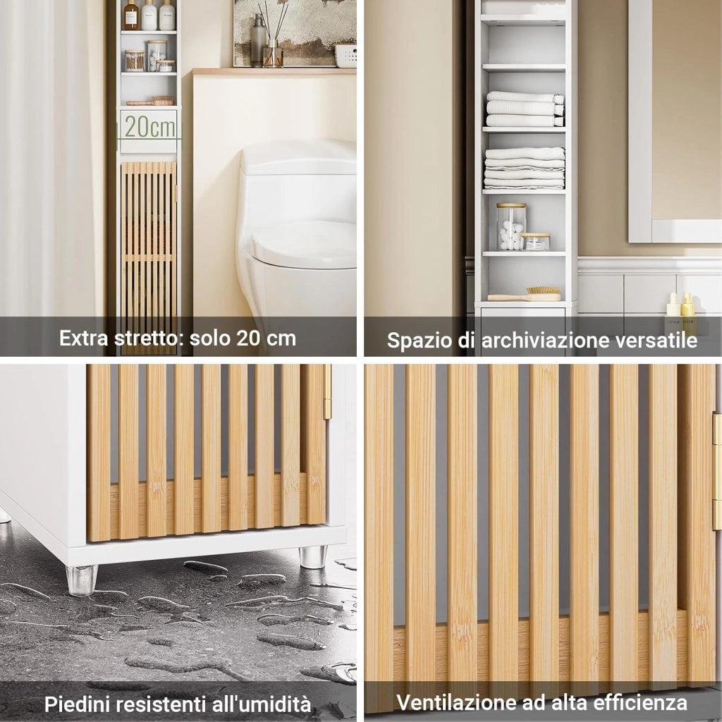 Mobile Bagno Salvaspazio Colonna Armadietto Alto con 6 Ripiani Regolabili, Colonna Bagno con Ante in Bambù, Mobile Alto e Stretto per Piccoli Spazi, Bianco, 20x20x180cm, BZR34-BW