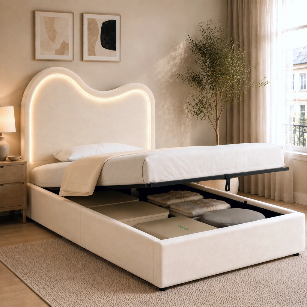 Letto contenitore singolo 90x200 cm per bambini; imbottito; sollevamento idraulico; rete a doghe; velluto beige