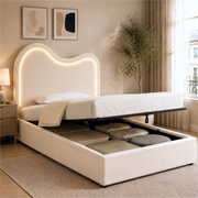 Letto contenitore singolo 90x200 cm per bambini; imbottito; sollevamento idraulico; rete a doghe; velluto beige