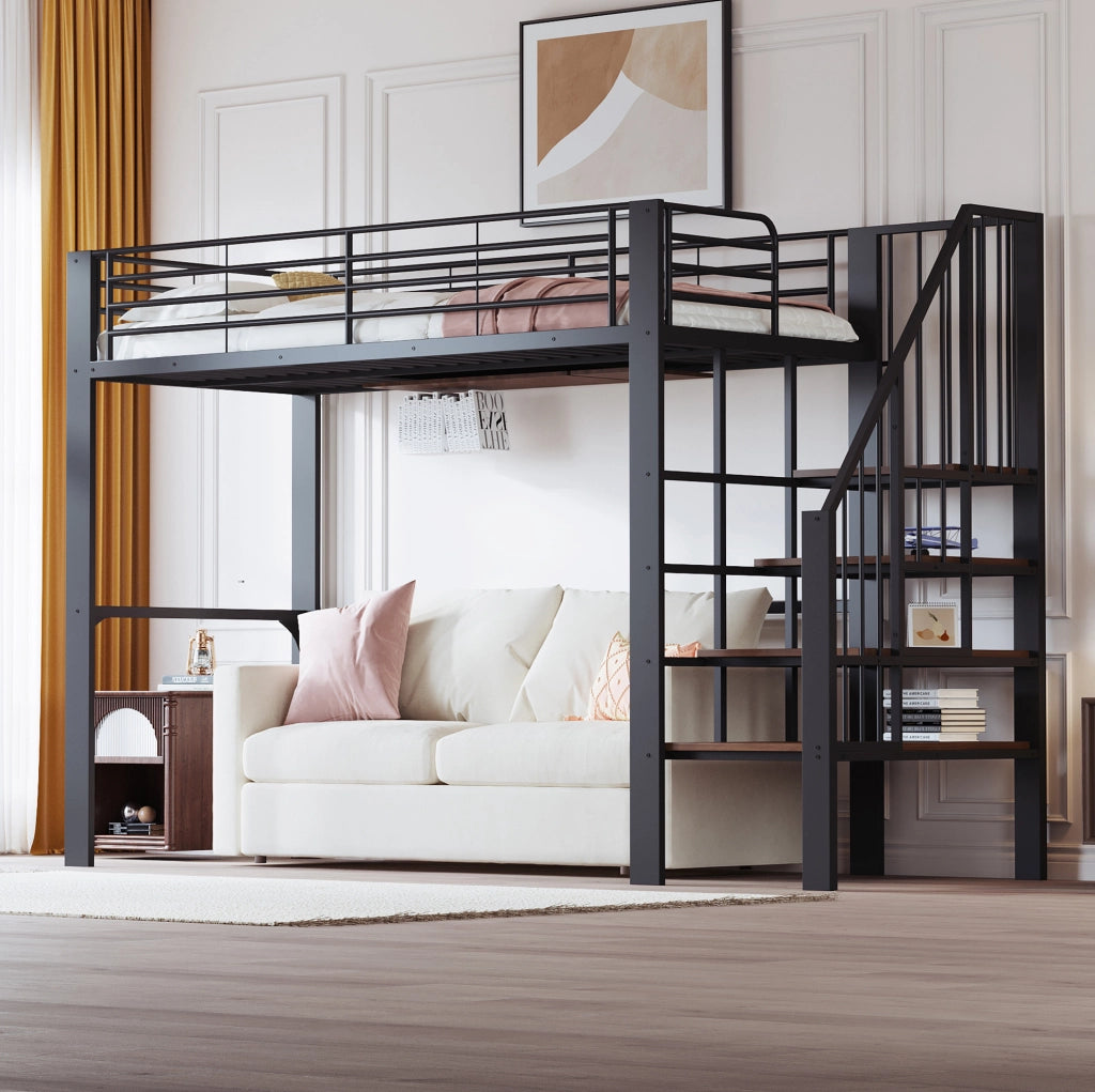 Letto a soppalco 90x200 in metallo con scala e spazio sottostante