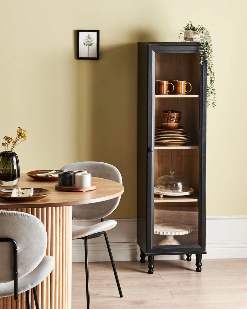 Mobile decorativo 40 cm nero con legno chiaro in legno ingegnerizzato con display in vetro Classico scandinavo a ripiani alti Sala da pranzo Soggiorno