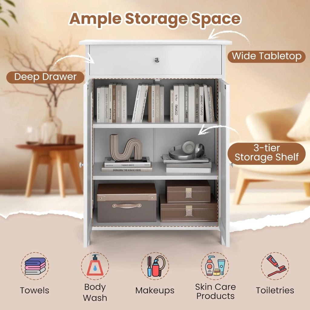 Armadietto bagno autoportante con 2 ante, 1 cassetto e 3 ripiani regolabili, mobiletto base per soggiorno, ingresso, cucina, 60 x 30 x 80 cm (bianco)