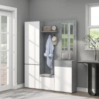 Mobile da Ingresso 4 in 1 con Specchio, Ganci e Ripiani Interni, in Legno, 145x29x184 cm, Grigio e Bianco