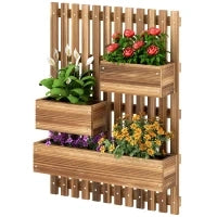 Fioriera Verticale a Doghe con 3 Vasi Rimovibili, in Legno di Abete, 60x16x80 cm, Marrone Bruciato