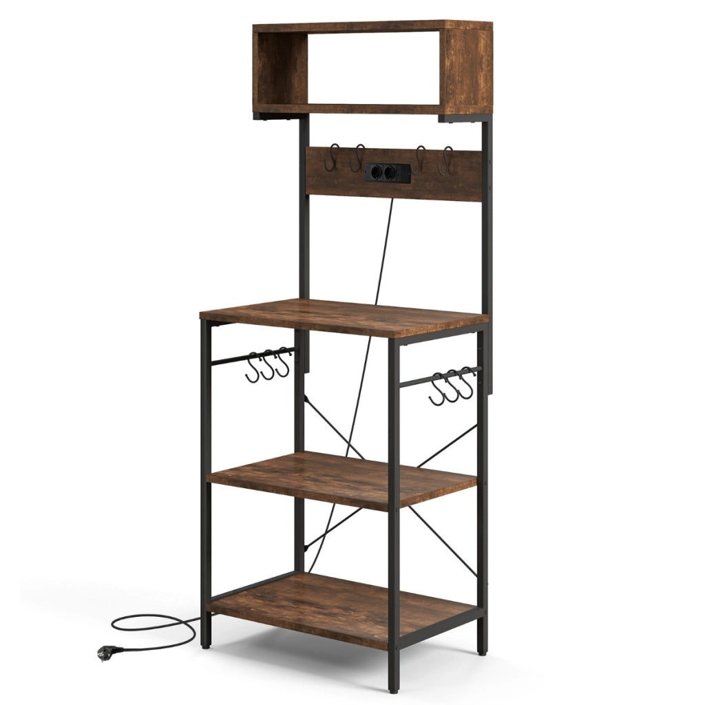 Mensola da cucina con presa elettrica ripiani aperti e 10 ganci appendiabiti-Supporto per microonde alto 153cm Marrone