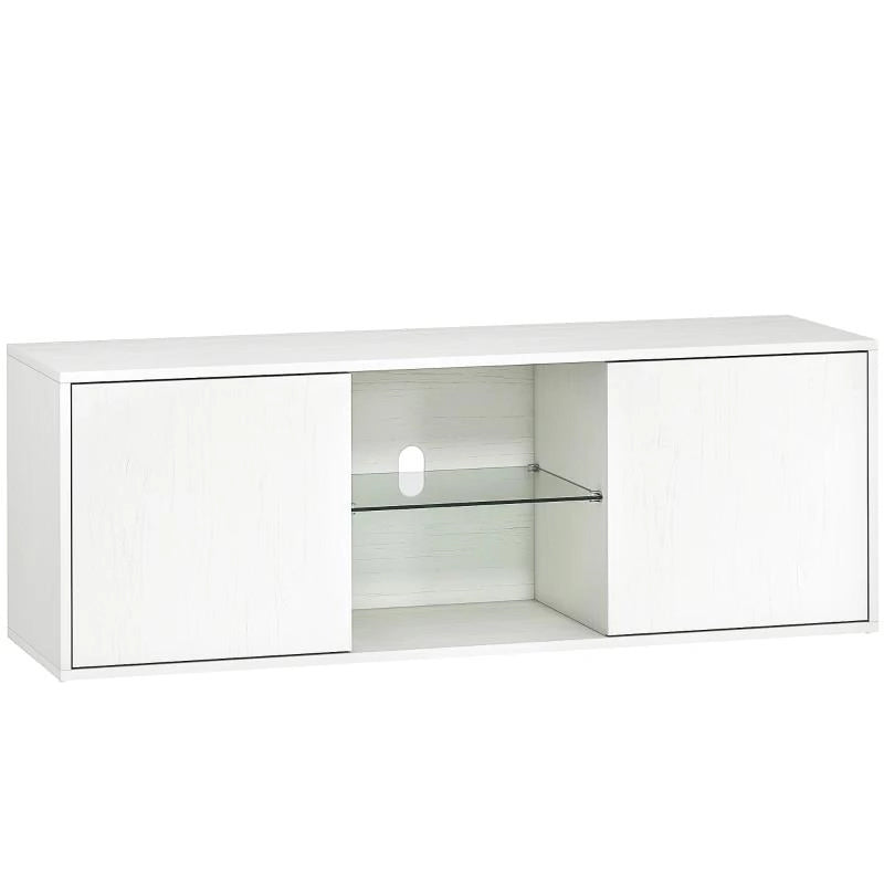 MOBILE PORTA TV FINO A 55" SOSPESO O A TERRA, ANTE SOFT CLOSE, FORO PASSACAVI E RIPIANO IN VETRO, BIANCO