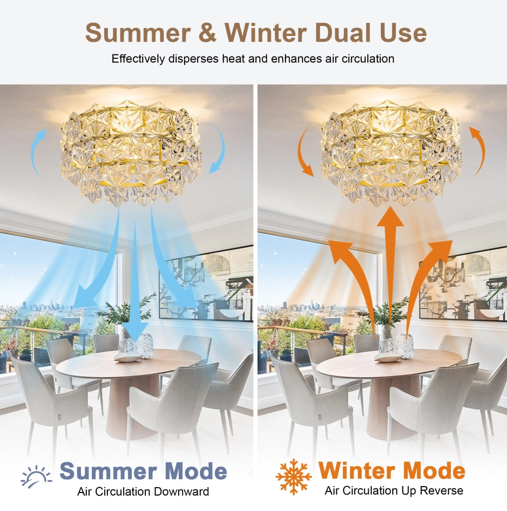 Ventilatore da soffitto con luce a cristalli, controllo App/telecomando, 6 velocità, oro