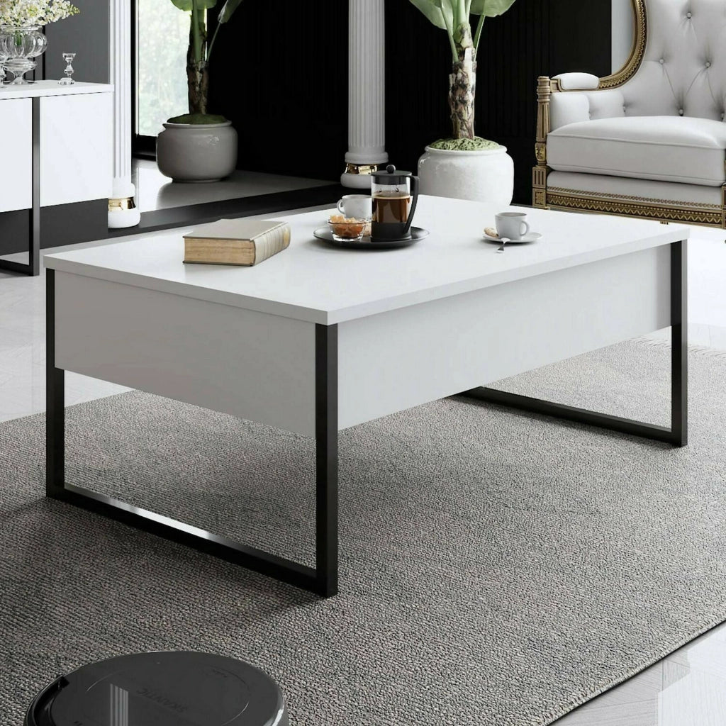 Tavolino da salotto Lavinia, Tavolo basso da caffè, Portariviste per divano, Ripiano da soggiorno, 90x60h40 cm, Bianco e Nero
