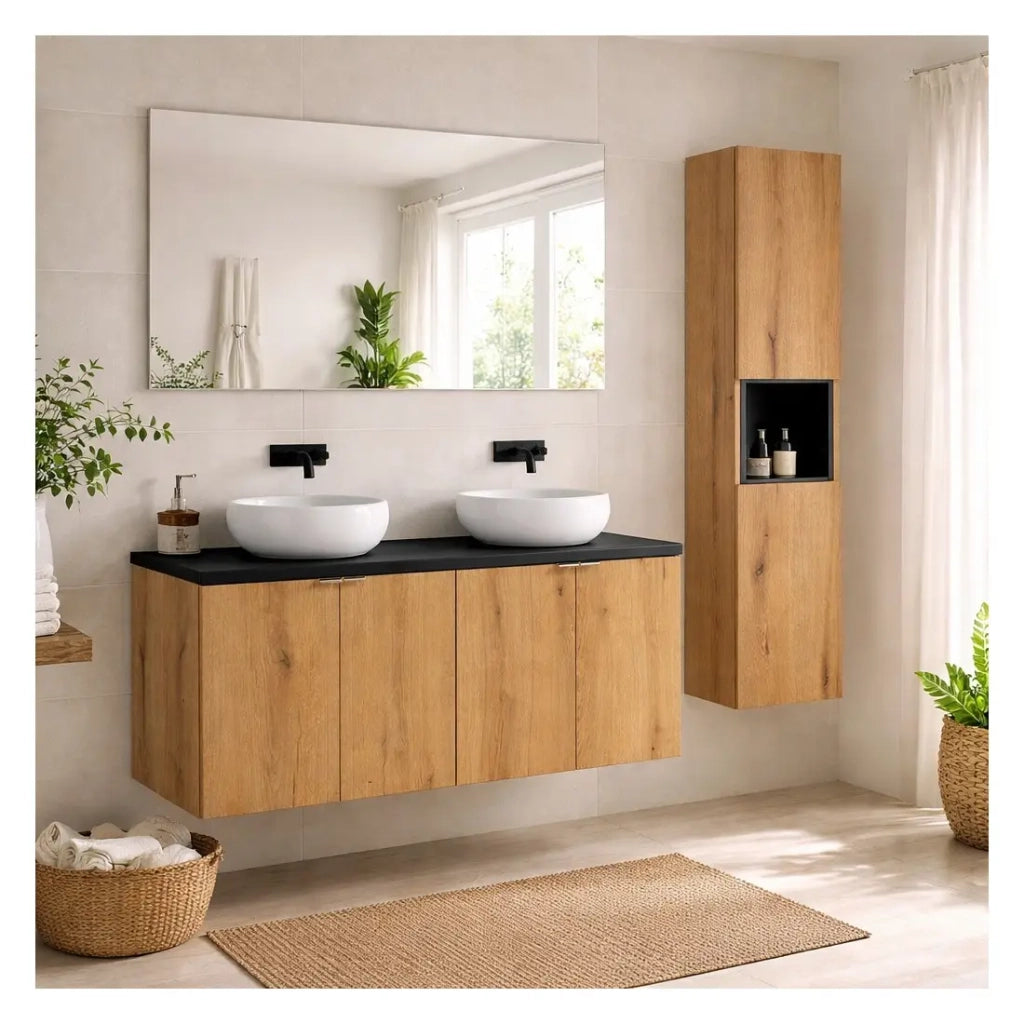 Set VANO finitura quercia e nero 150cm: mobile sottolavabo con ante + piano per lavabo + lavabi da appoggio rotondi + colonna