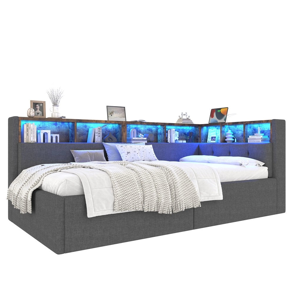 Letto Diurno con Contenitore e LED ¨C Xylo ¨C Tessuto Grigio 90x200 cm