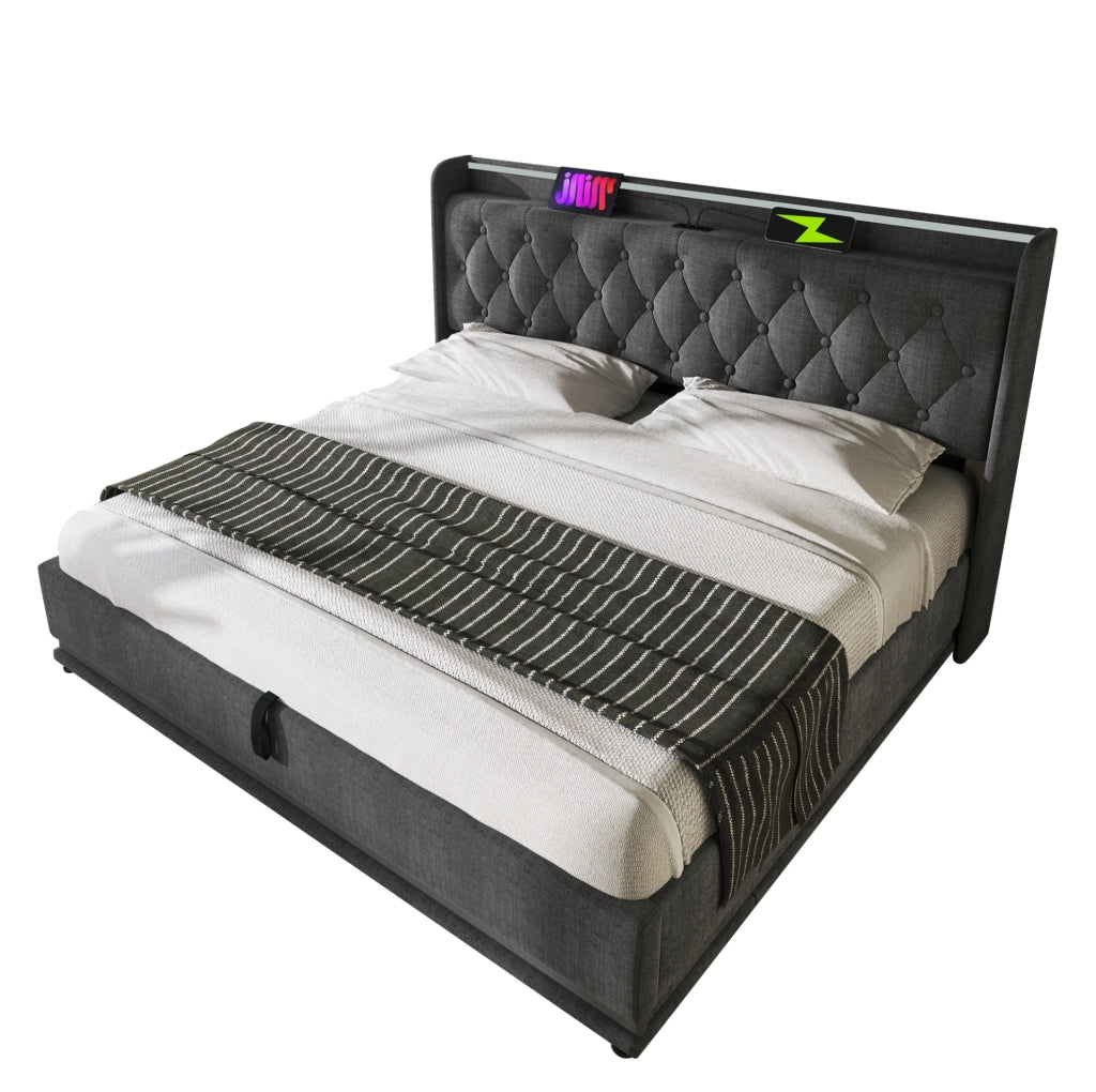 Letto matrimoniale imbottito 140x190 cm in lino grigio con LED 360掳; USB e contenitore idraulico